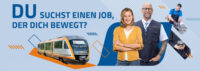 Eine Grafik zur Visualiserung des Jobangebotes beim trilex mit der Botschaft: "Du suchst einen Job, der dich bewegt?". Zu sehen sind ein trilex-Triebwagen sowie verschiedenen Personen.